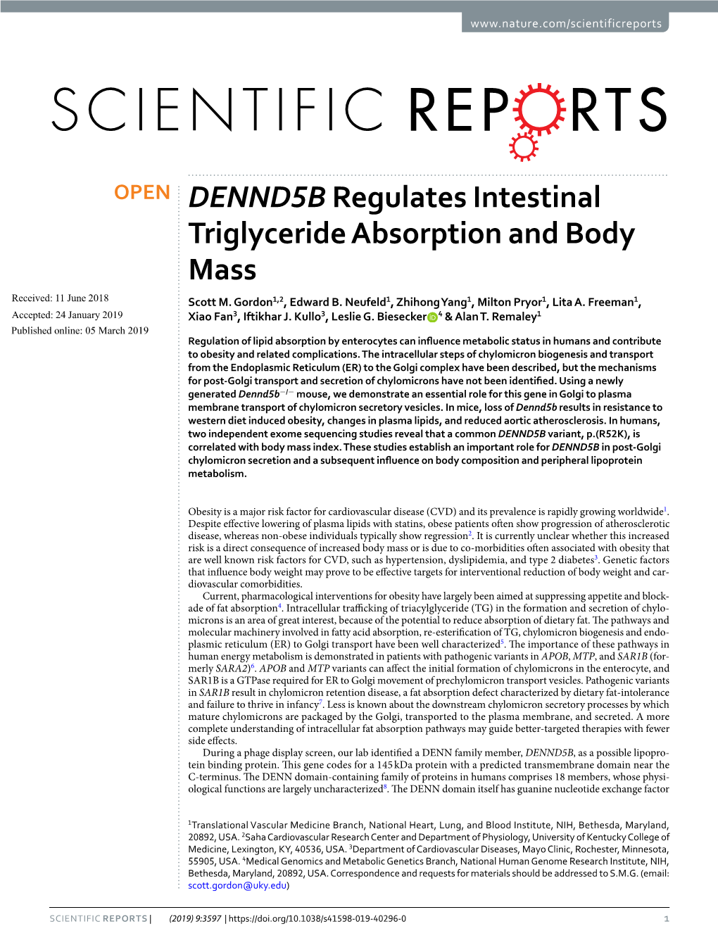 DENND5B Regulates Intestinal Triglyceride Absorption and Body Mass Received: 11 June 2018 Scott M