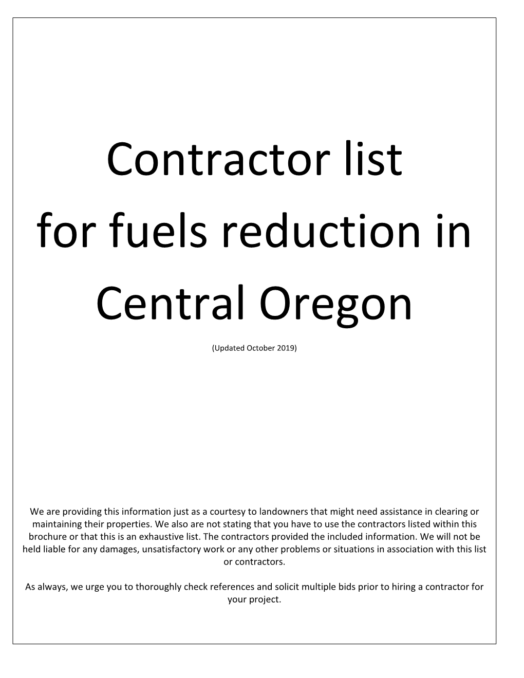 Contractor List for Fuels Reduction in Central Oregon