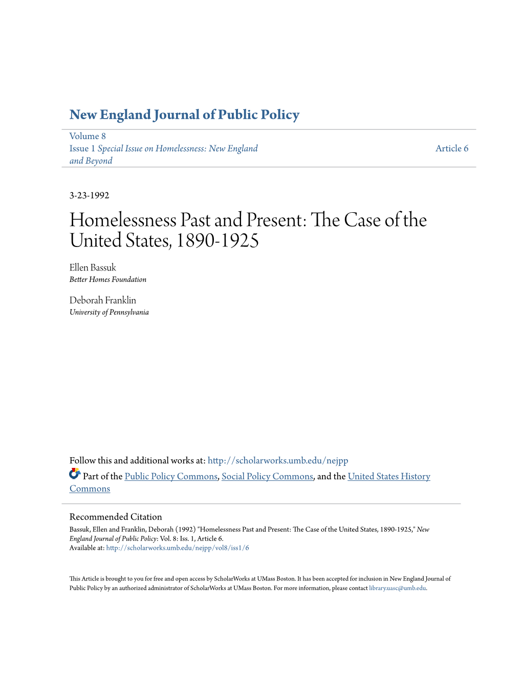 Homelessness Past and Present: the Case of the United States, 1890-1925