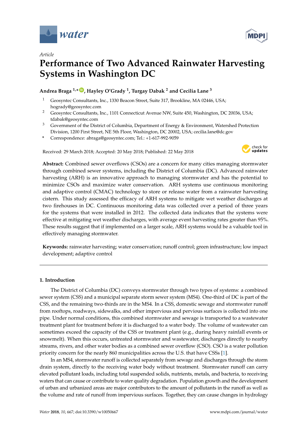 Performance of Two Advanced Rainwater Harvesting Systems in Washington DC