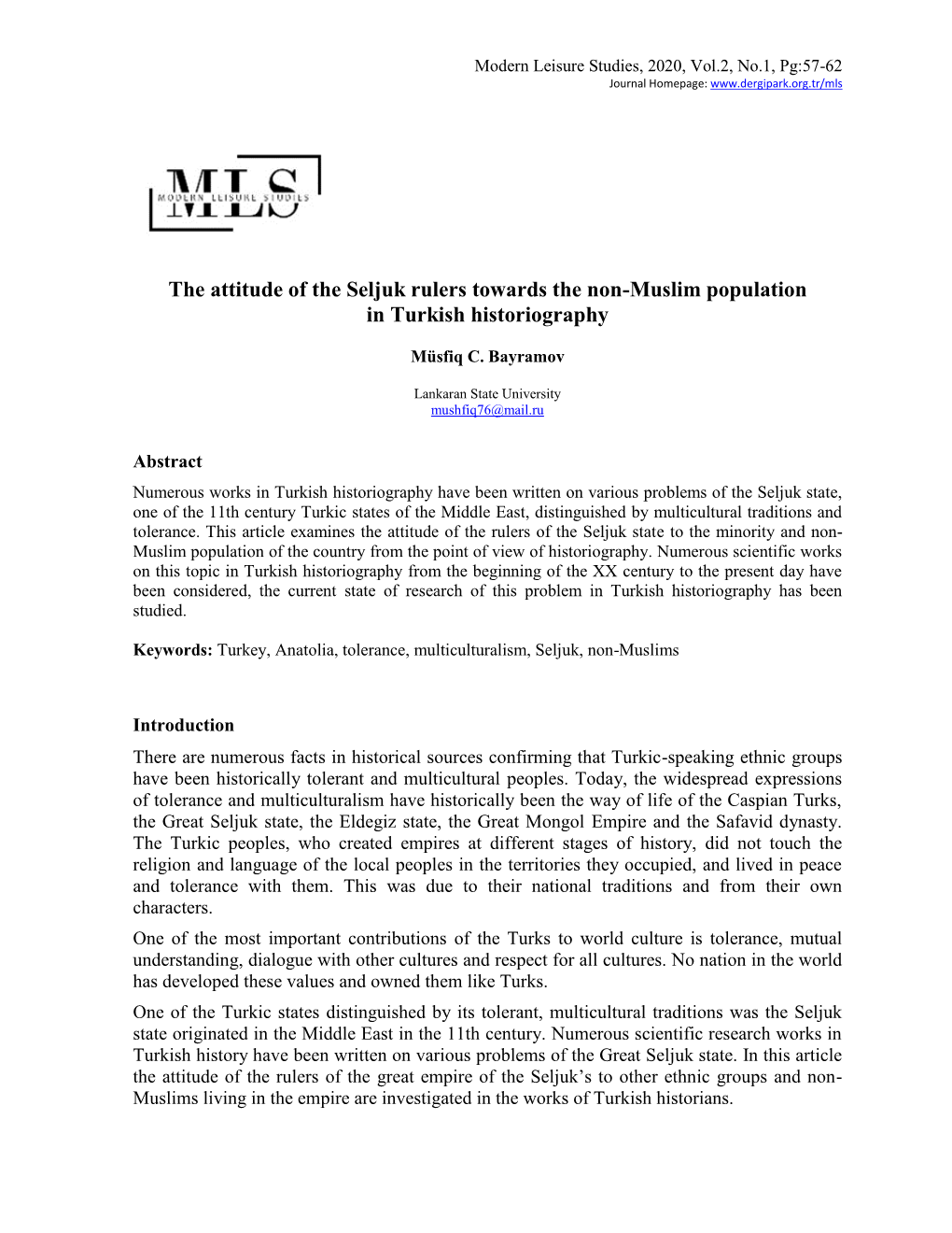 The Attitude of the Seljuk Rulers Towards the Non-Muslim Population in Turkish Historiography