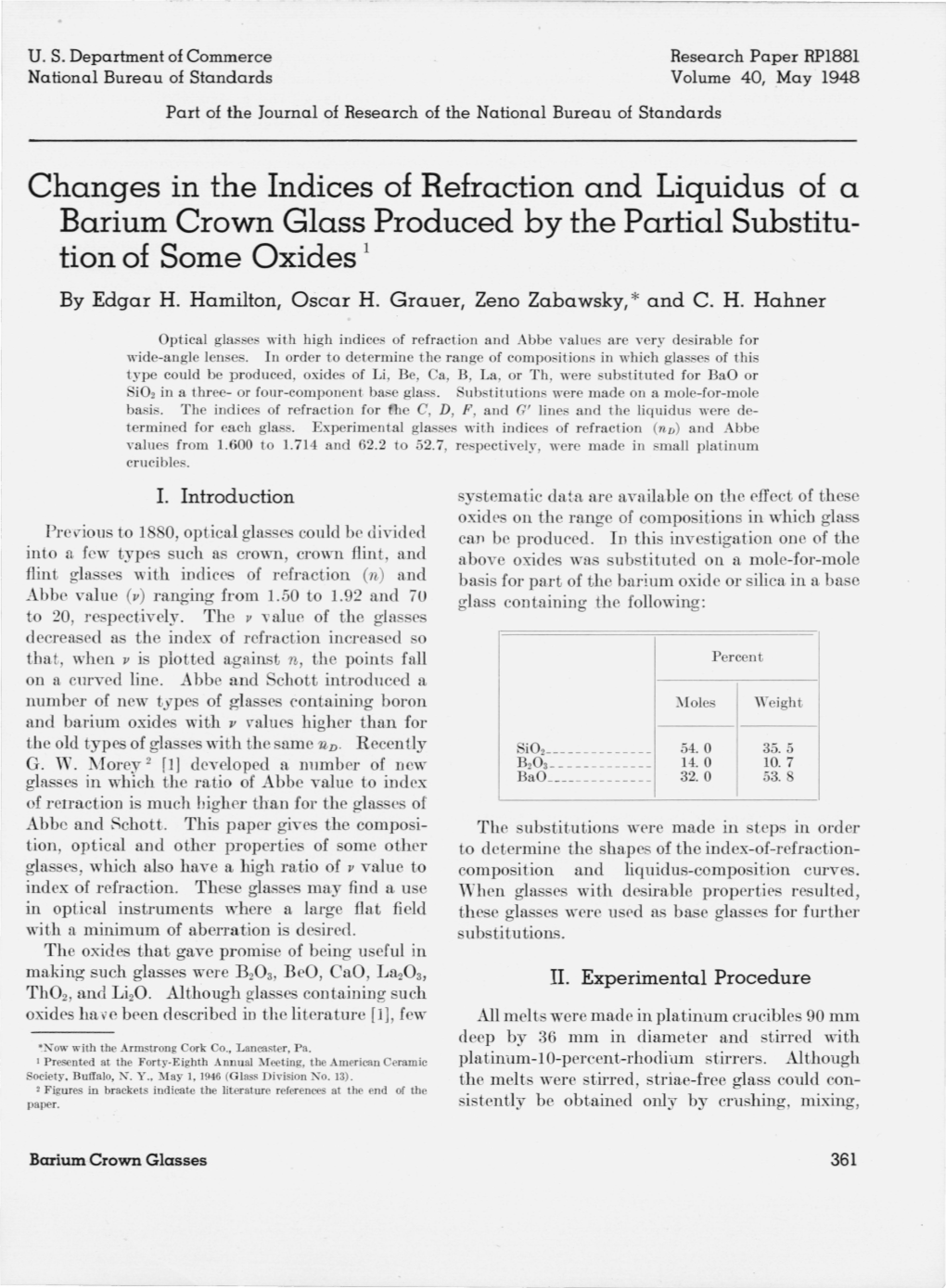 Changes in the Indices of Refraction and Liquidus of a Barium Crown Glass Produced by the Partial Substitution of Some Oxides