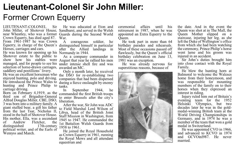 Lieutenant-Colonel Sir John Miller: Former Crown Equerry