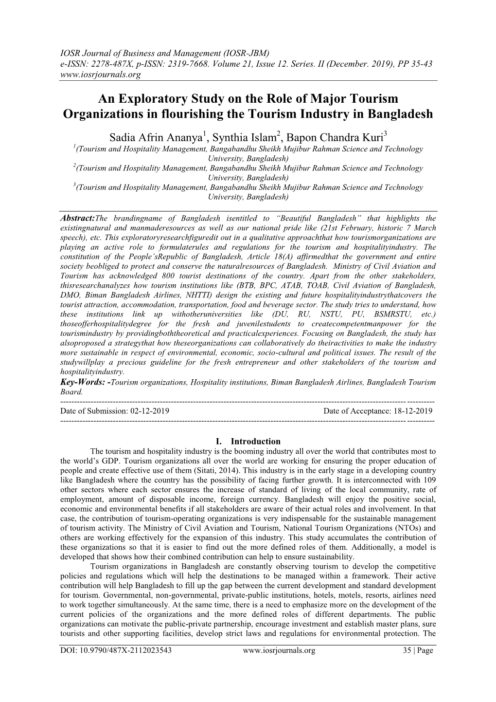An Exploratory Study on the Role of Major Tourism Organizations in Flourishing the Tourism Industry in Bangladesh