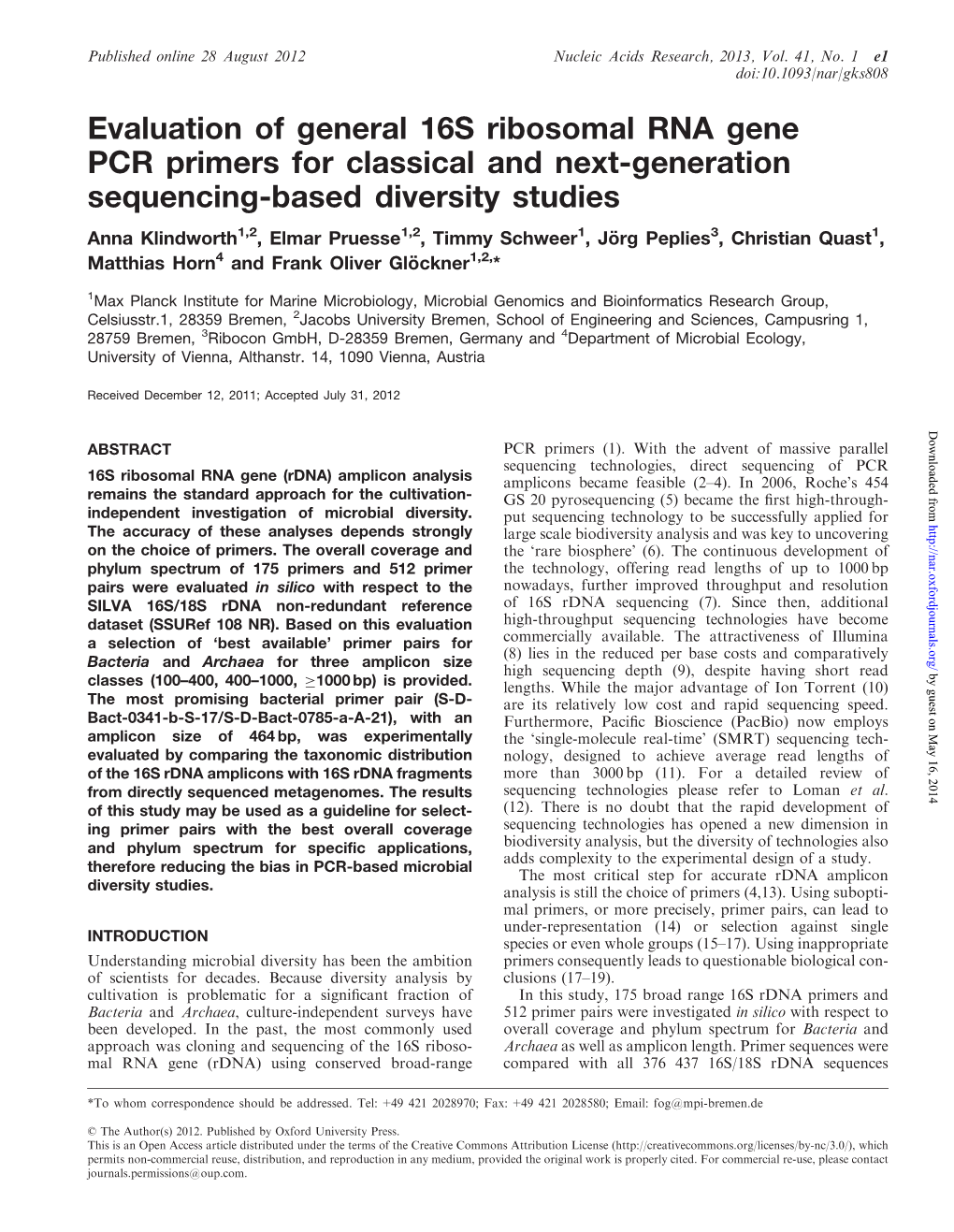 Evaluation of General 16S Ribosomal RNA Gene PCR Primers For