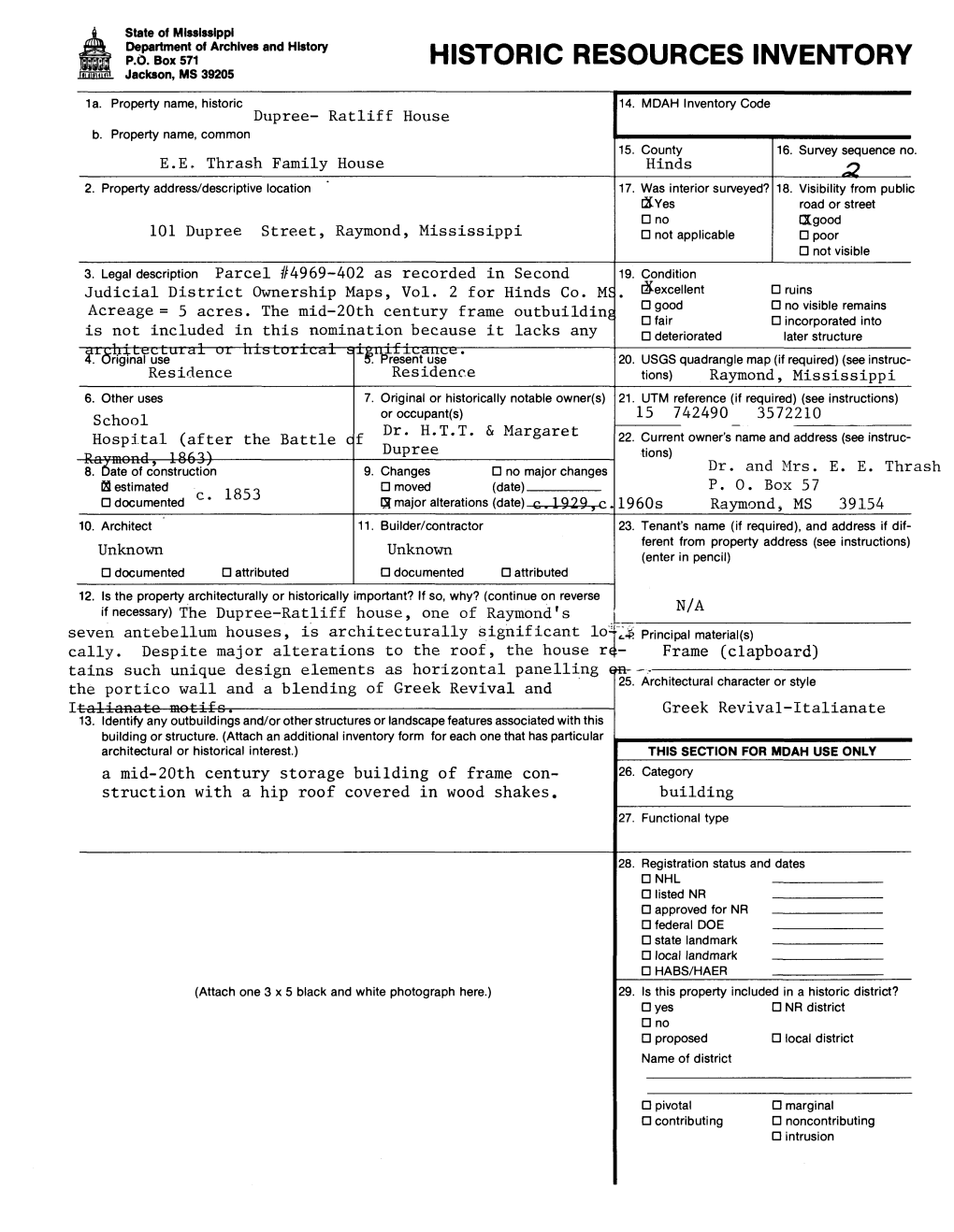 HISTORIC RESOURCES INVENTORY Jackson, MS 39205