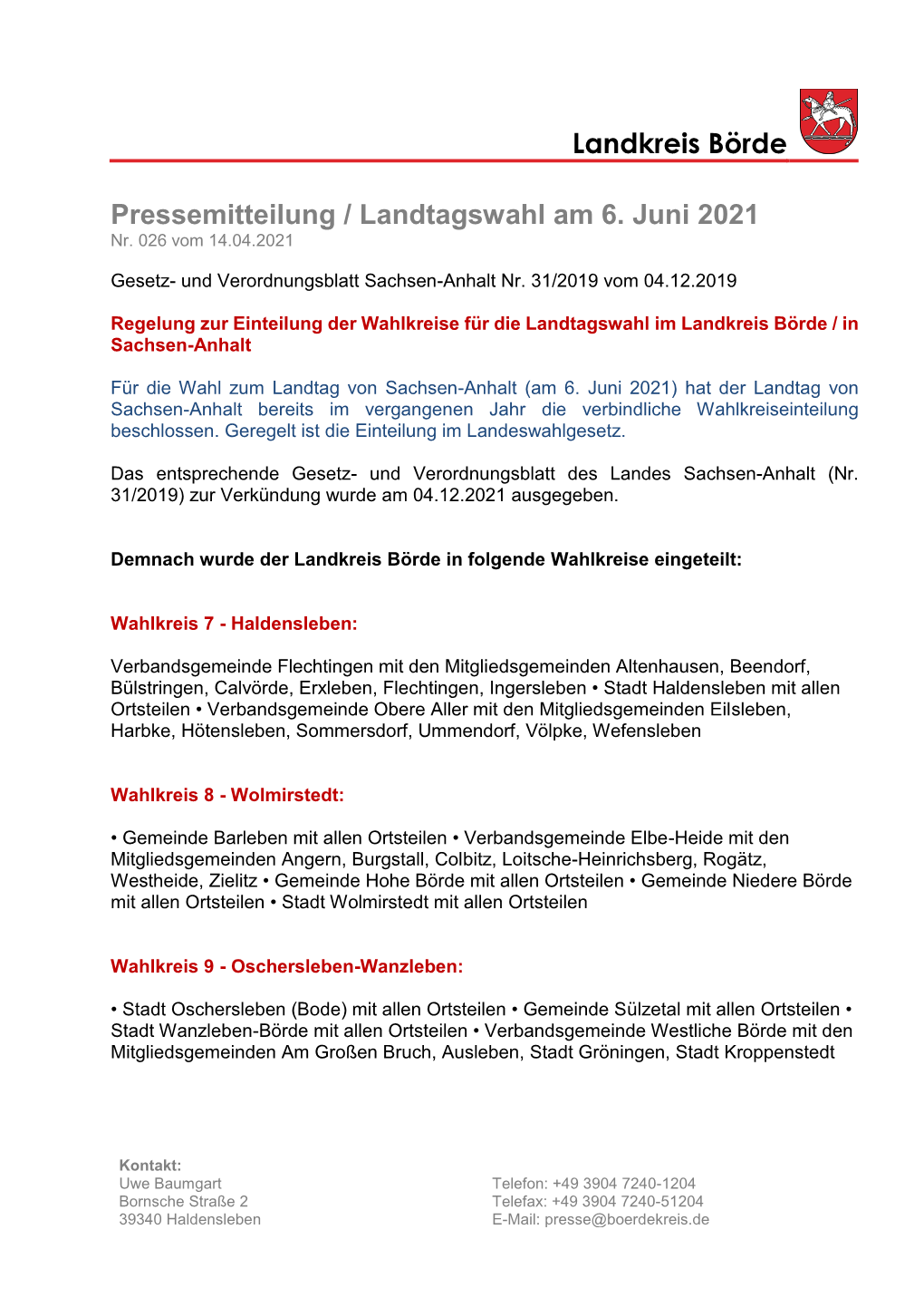 Regelung Zur Einteilung Der Wahlkreise Für Die Landtagswahl Im Landkreis Börde / in Sachsen-Anhalt