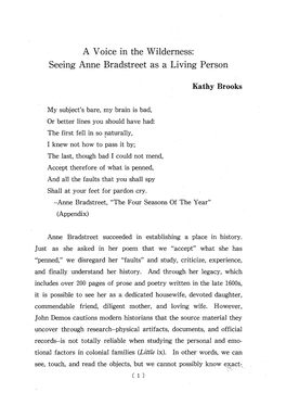 Seeing Anne Bradstreet As a Living Person Kathy Brooks