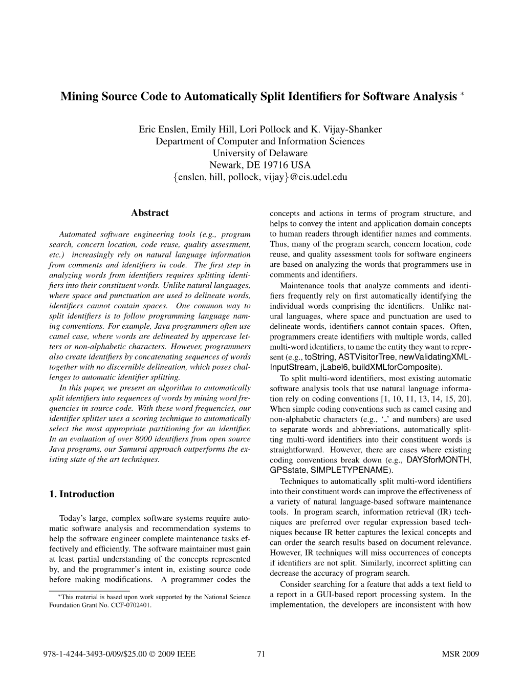 Mining Source Code to Automatically Split Identifiers for Software Analysis