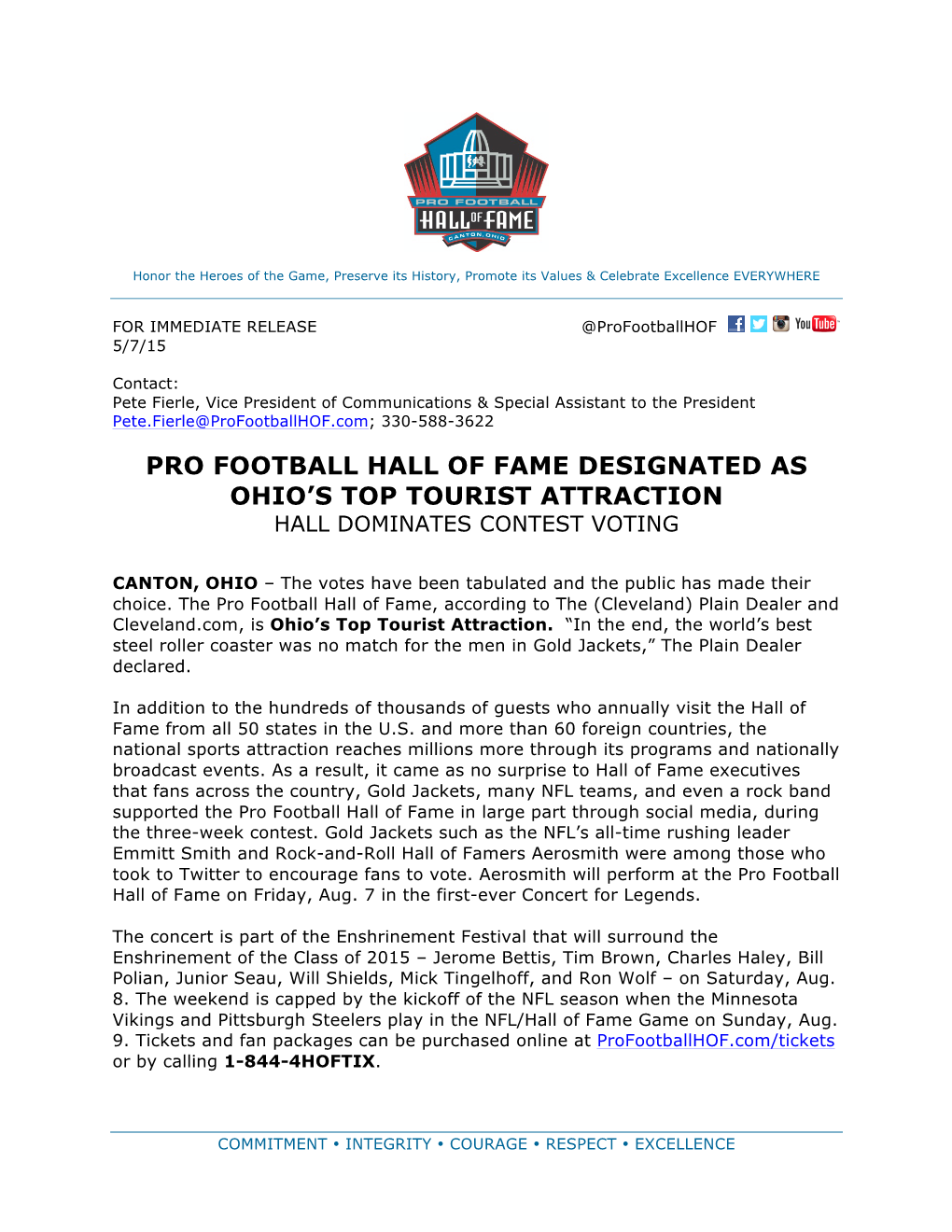 Pro Football Hall of Fame Designated As Ohio's Top