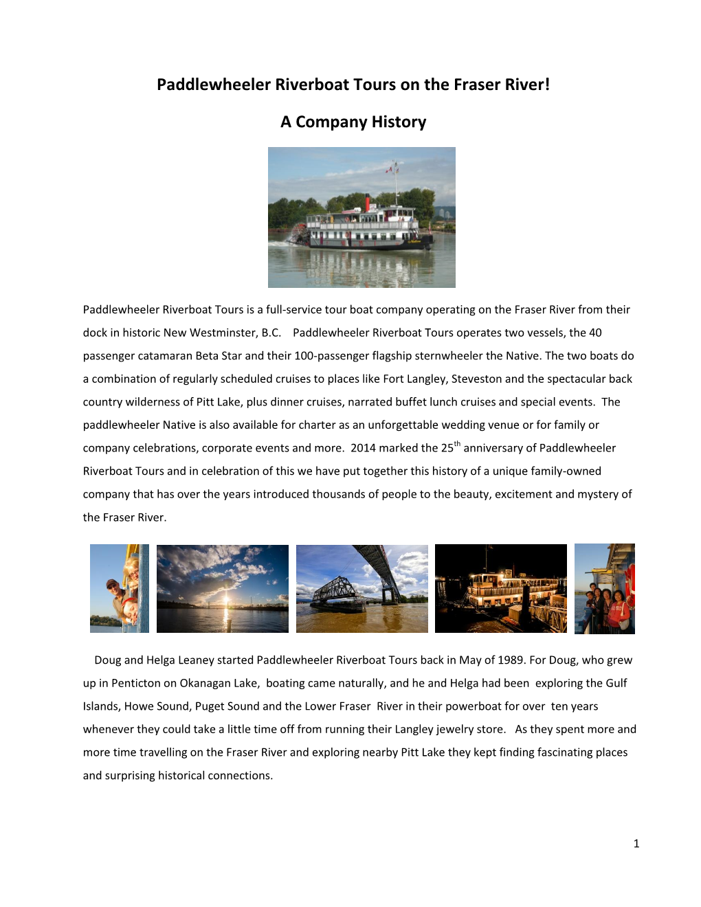 Paddlewheeler Riverboat Tours on the Fraser River! a Company History