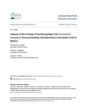Aspects of the Ecology of the Mesopelagic Fish Gonostoma Elongatum (Gonostomatidae, Stomiiformes) in the Eastern Gulf of Mexico