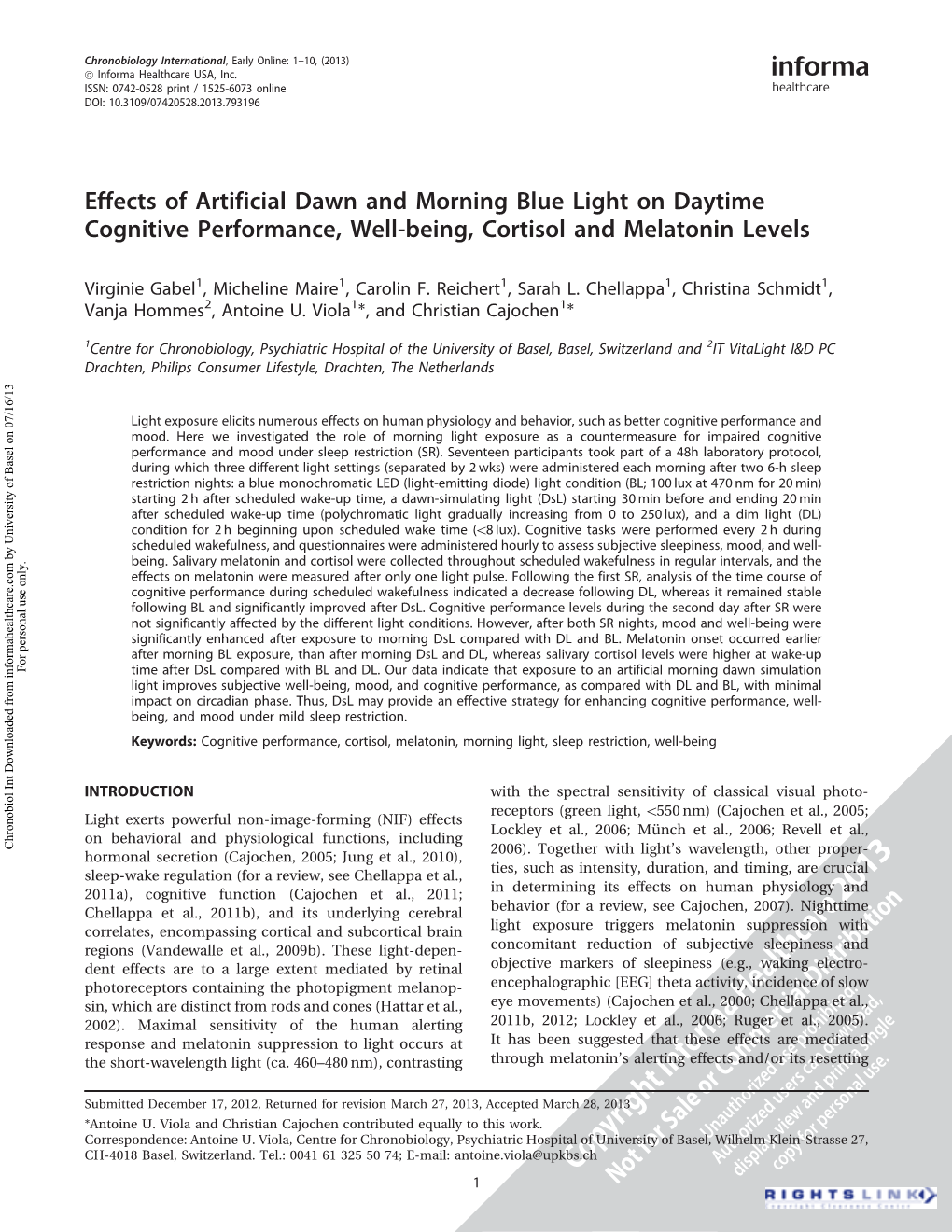 Effects of Artificial Dawn and Morning Blue Light on Daytime Cognitive Performance, Well-Being, Cortisol and Melatonin Levels