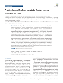 Anesthesia Considerations for Robotic Thoracic Surgery