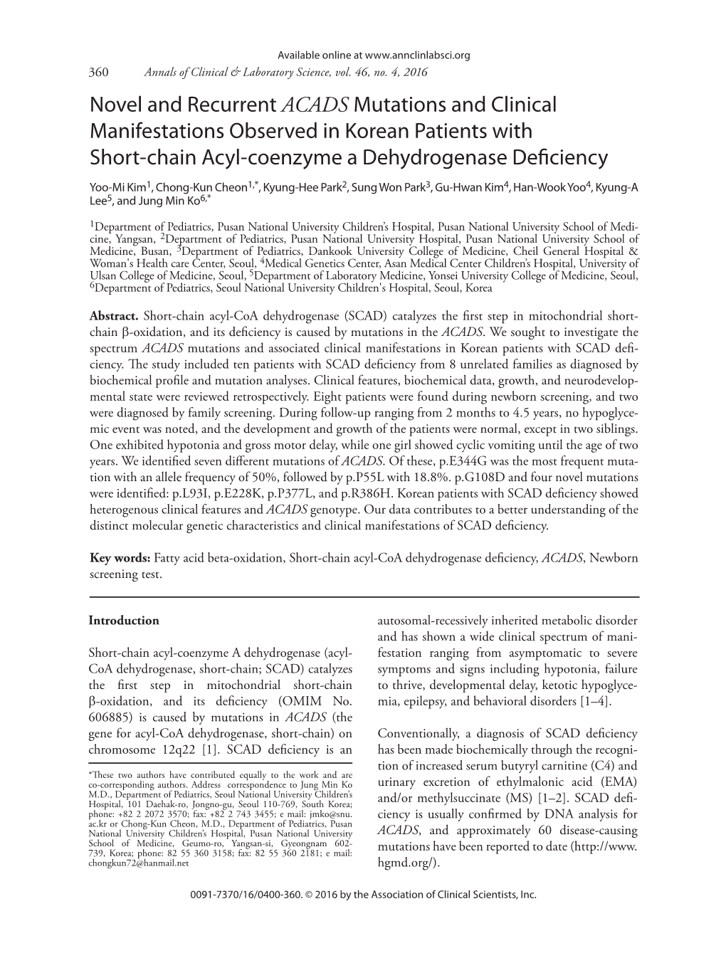 Novel and Recurrent ACADS Mutations and Clinical Manifestations Observed in Korean Patients with Short-Chain Acyl-Coenzyme a Dehydrogenase Deficiency