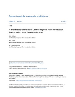 A Brief History of the North Central Regional Plant Introduction Station and a List of Genera Maintained