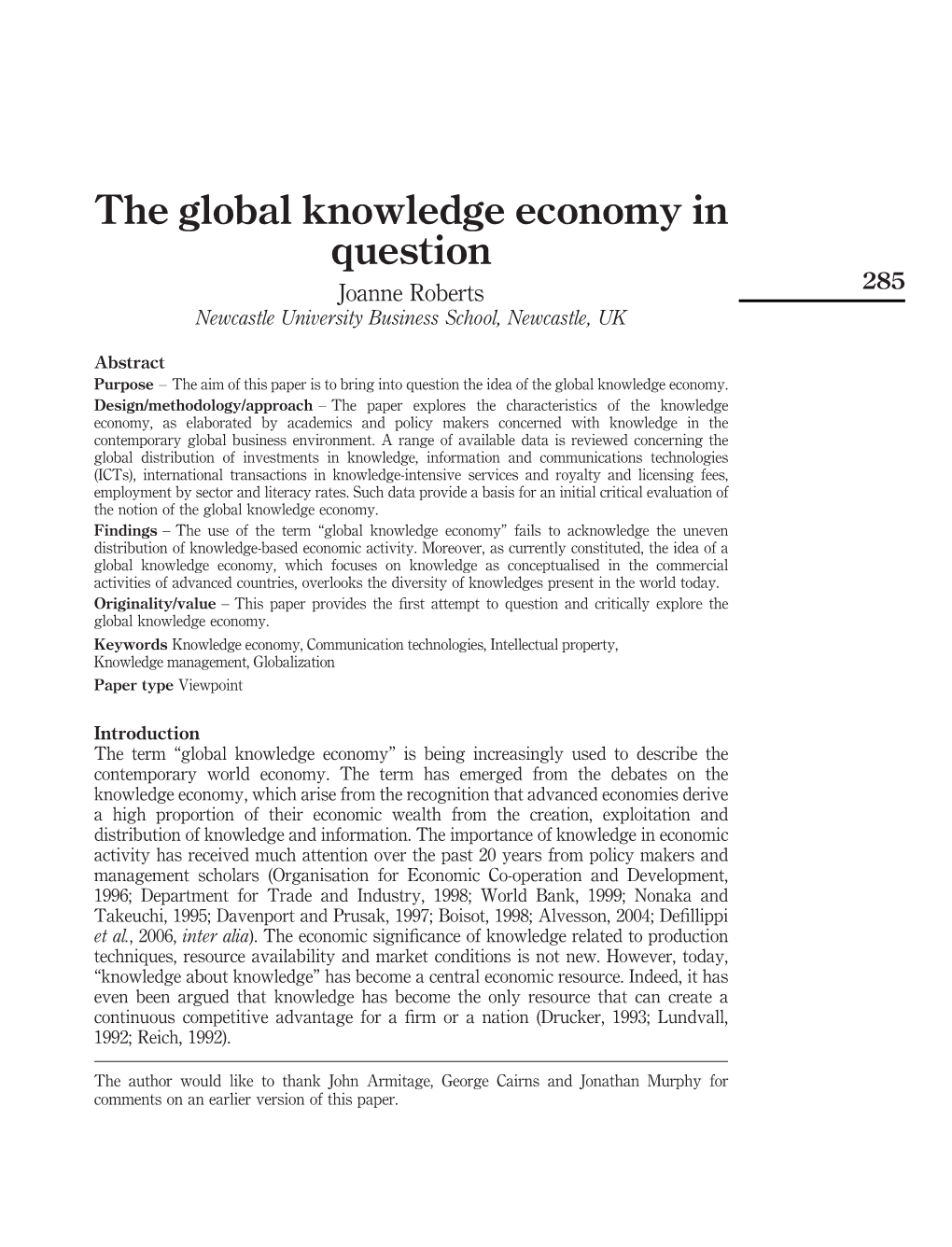 The Global Knowledge Economy in Question