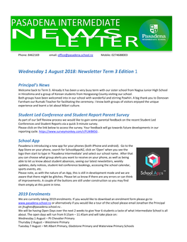 Wednesday 1 August 2018: Newsletter Term 3 Edition 1