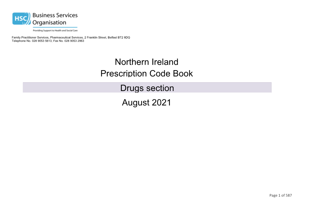 Northern Ireland Prescription Code Book Drugs Section August 2021