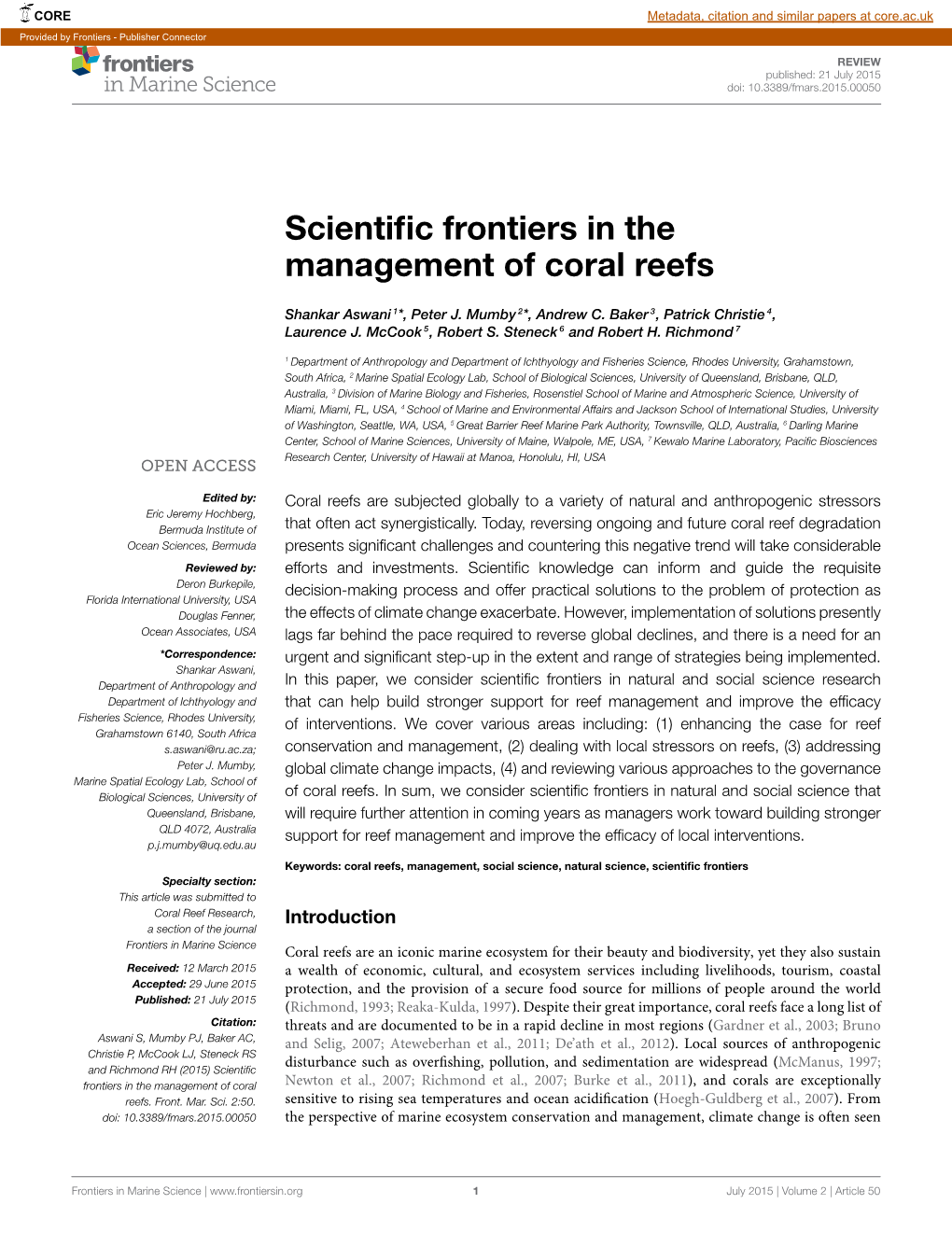 Scientific Frontiers in the Management of Coral Reefs