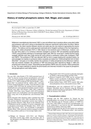 History of Methyl Phosphoric Esters: Hall, Weger, and Lossen