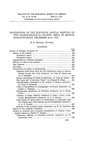 Proceedings of the Eleventh Annual Meeting of the Paleontological Society, Held at Boston, Massachusetts, December 30-31, 1919