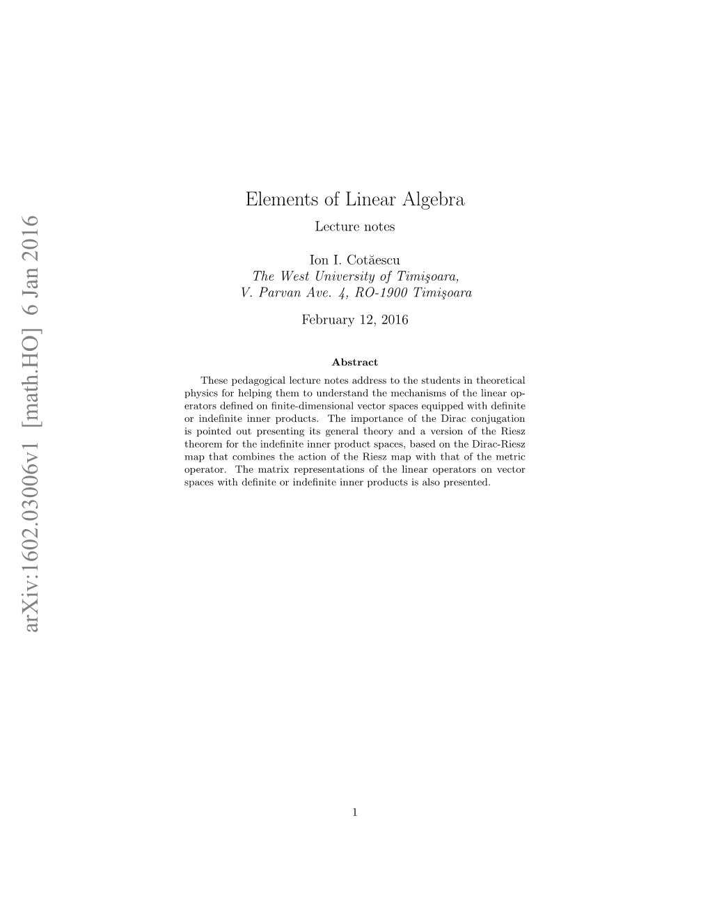 Elements of Linear Algebra. Lecture Notes