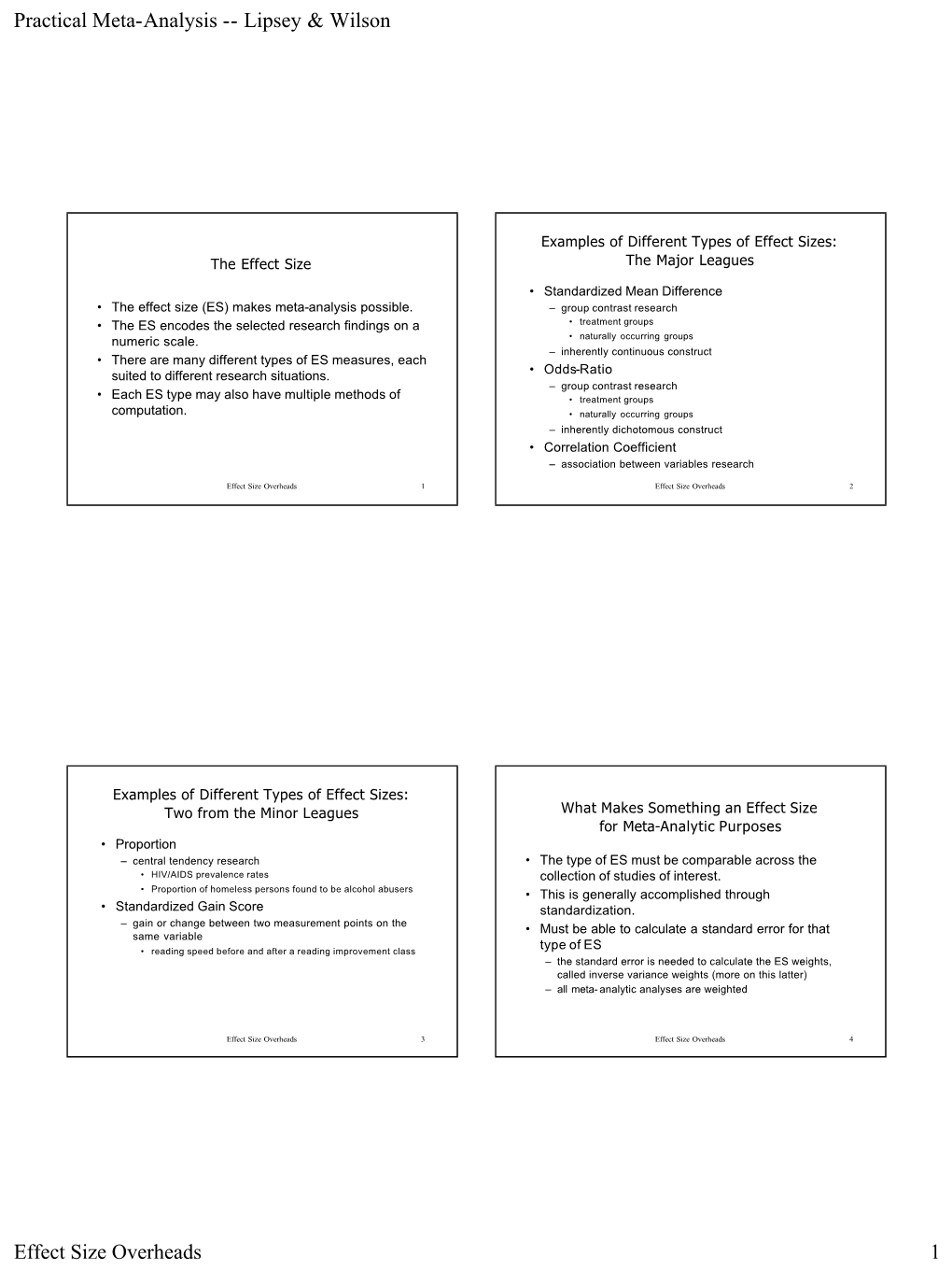 Practical Meta-Analysis -- Lipsey & Wilson Effect Size Overheads 1