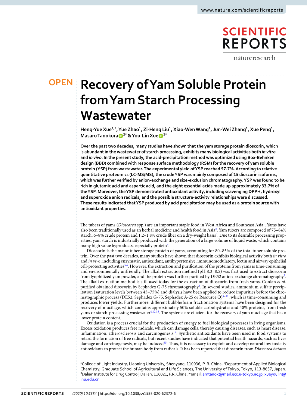 Recovery of Yam Soluble Protein from Yam Starch Processing Wastewater