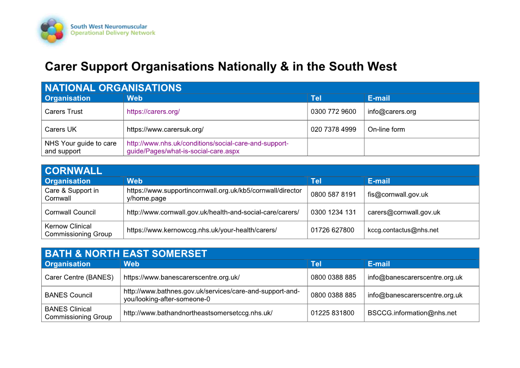 Carer Support Organisations Nationally & in the South West