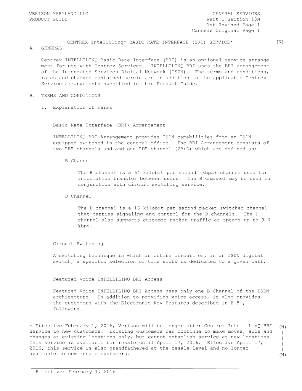 Basic Rate Interface (Bri) Service* (N) A