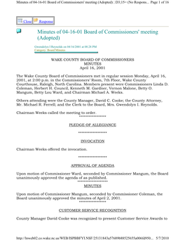 Minutes of 04-16-01 Board of Commissioners' Meeting (Adopted) D3;15= (No Respons