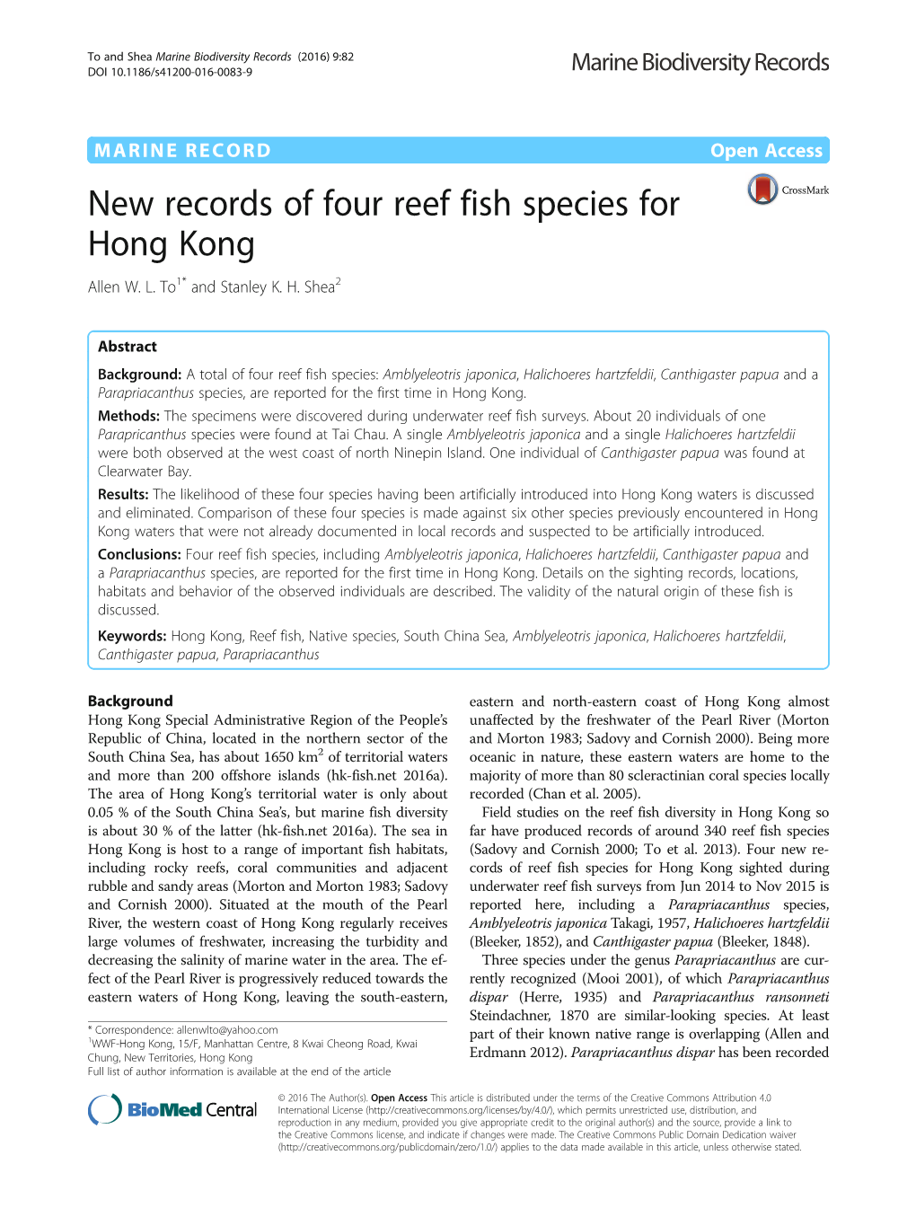 New Records of Four Reef Fish Species for Hong Kong Allen W