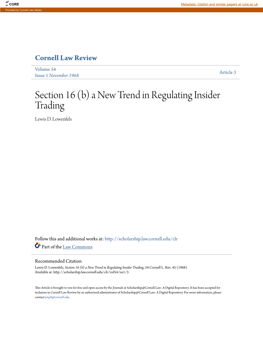 Section 16 (B) a New Trend in Regulating Insider Trading Lewis D