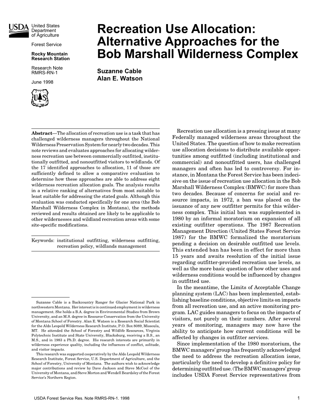 Alternative Approaches for the Bob Marshall Wilderness Complex