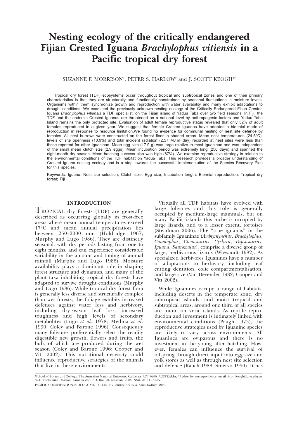 Nesting Ecology of the Critically Endangered Fijian Crested Iguana Brachylophus Vitiensis in a Pacific Tropical Dry Forest