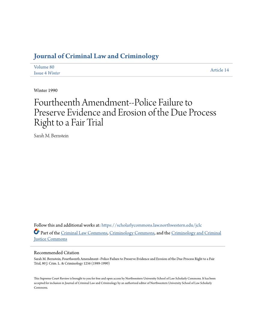 Police Failure to Preserve Evidence and Erosion of the Due Process Right to a Fair Trial Sarah M