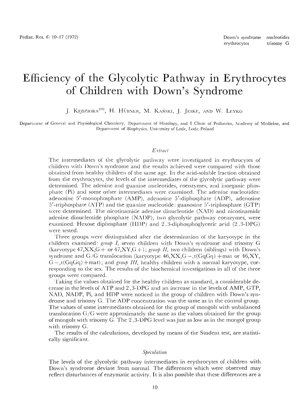 Efficiency of the Glycolytic Pathway in Erythrocytes of Children with Down's Syndrome