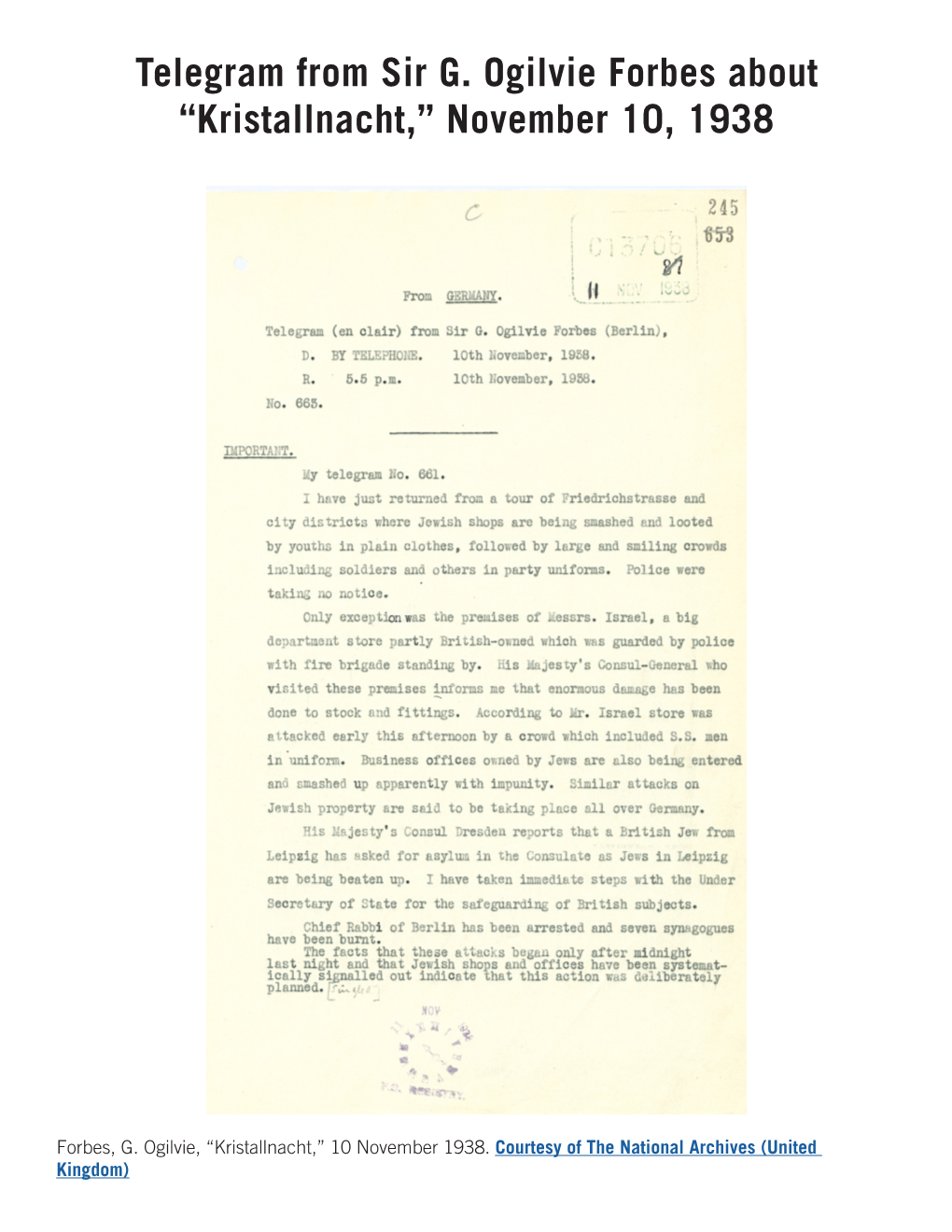 Telegram from Sir G. Ogilvie Forbes About “Kristallnacht,” November 10, 1938