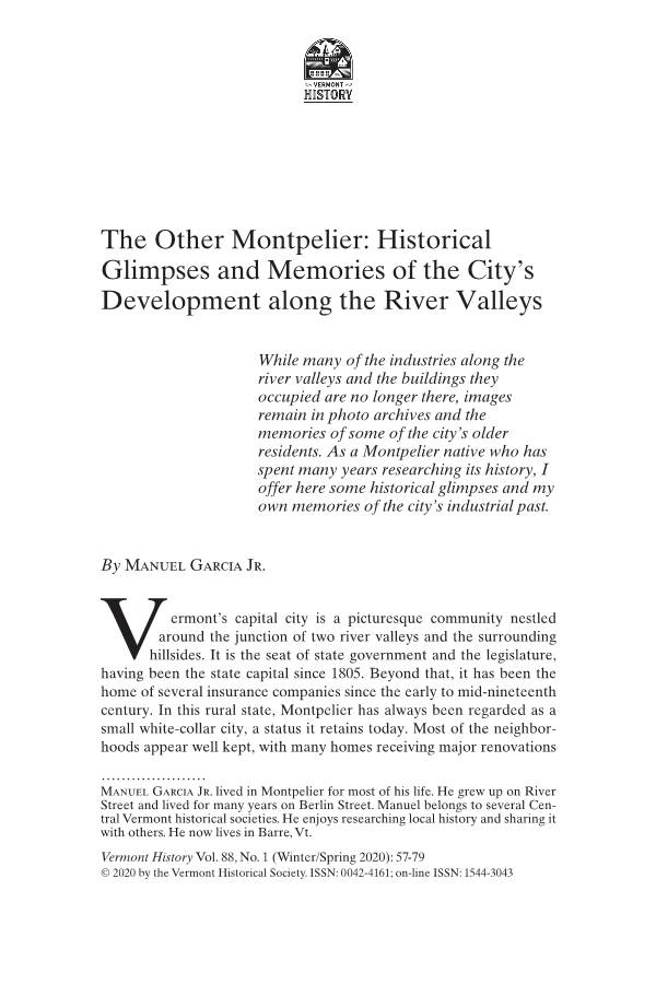 The Other Montpelier: Historical Glimpses and Memories of the City’S Development Along the River Valleys