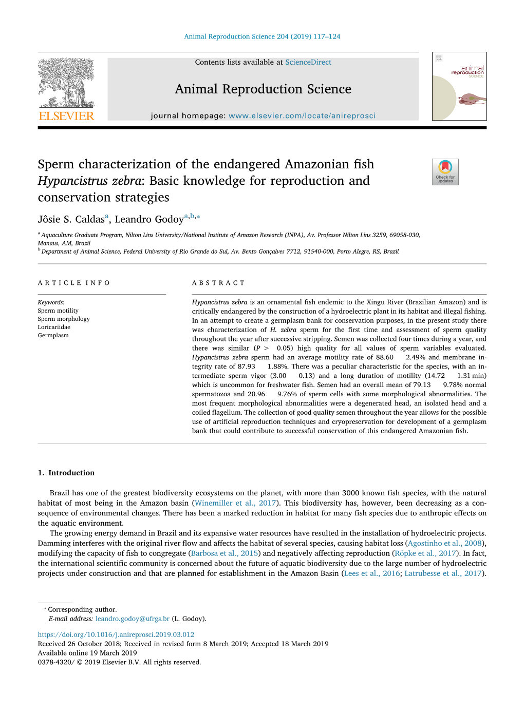 Sperm Characterization of the Endangered Amazonian Fish