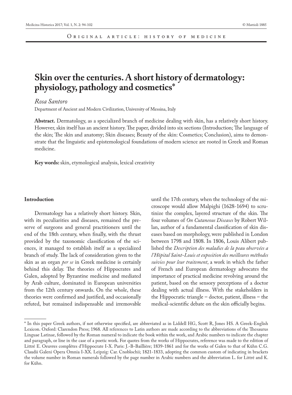 Skin Over the Centuries. a Short History of Dermatology