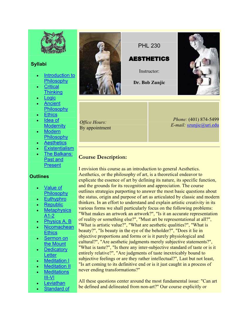 PHL 230 AESTHETICS Course Description