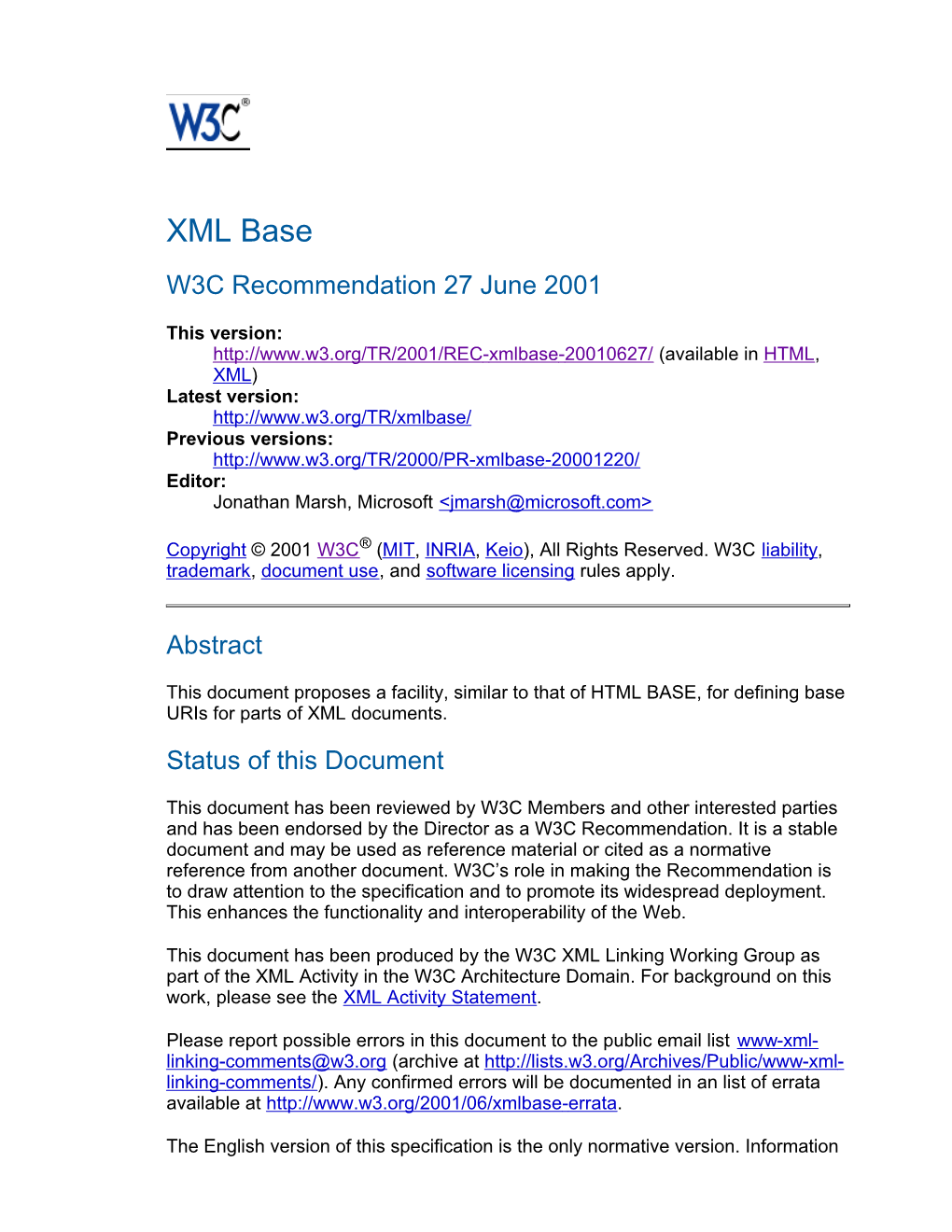 XML Base W3C Recommendation 27 June 2001