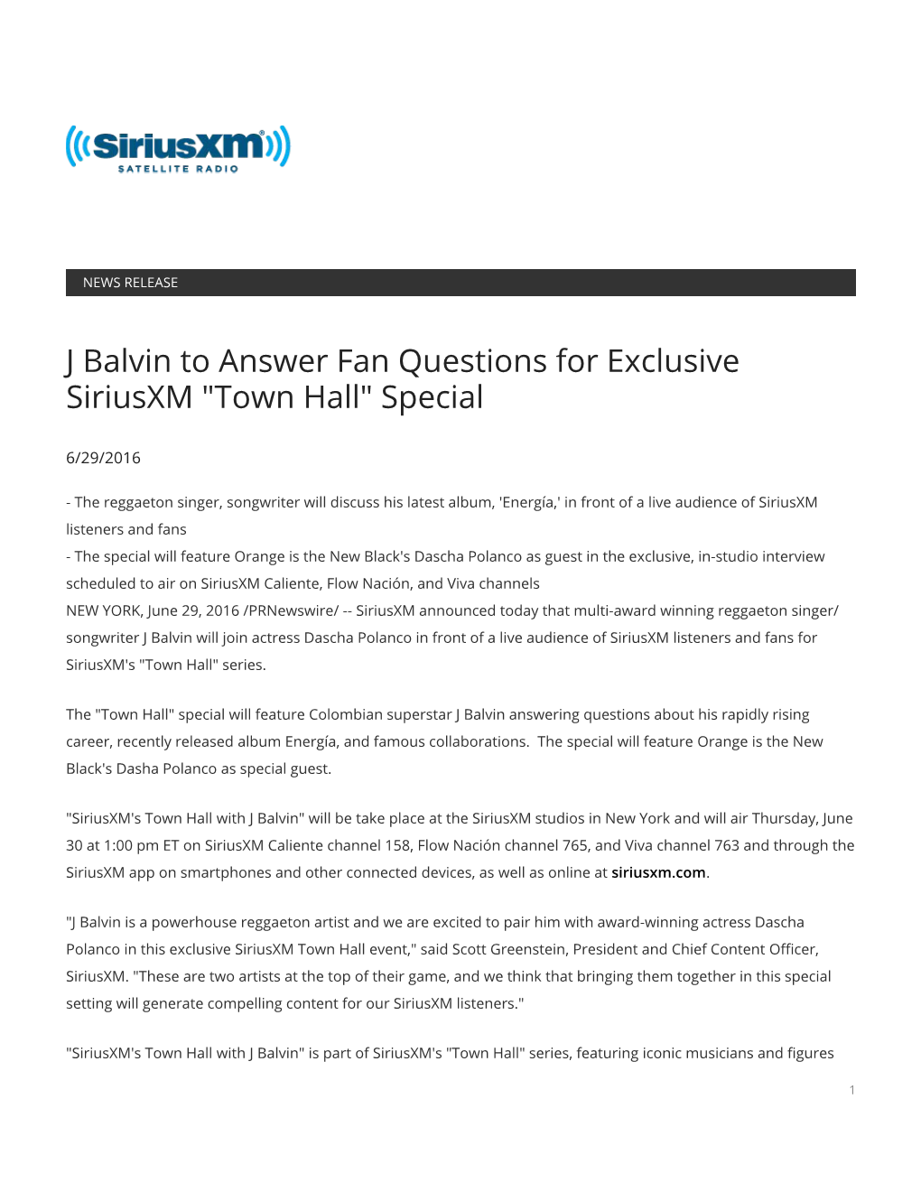 J Balvin to Answer Fan Questions for Exclusive Siriusxm "Town Hall" Special