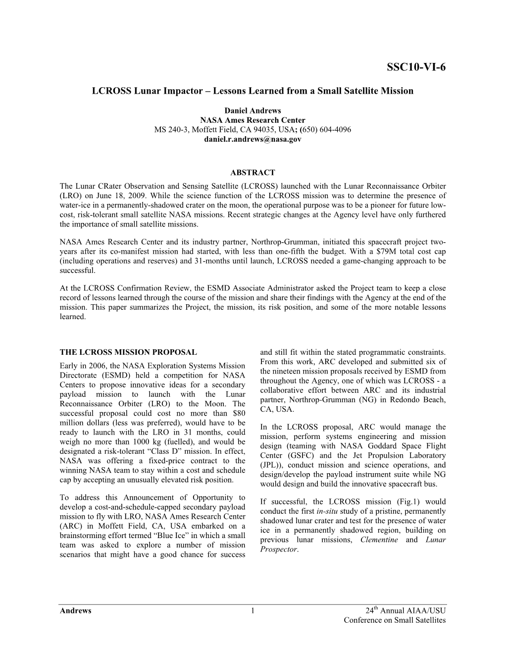 LCROSS Lunar Impactor – Lessons Learned from a Small Satellite Mission