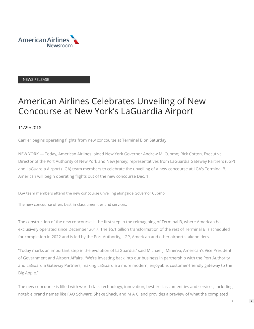 American Airlines Celebrates Unveiling of New Concourse at New York’S Laguardia Airport