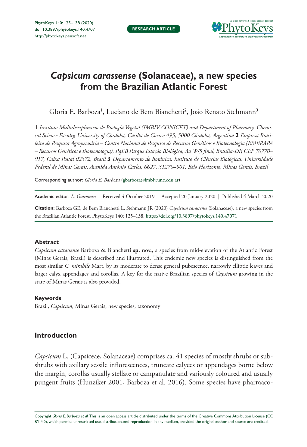 Capsicum Carassense (Solanaceae), a New Species from the Brazilian Atlantic Forest