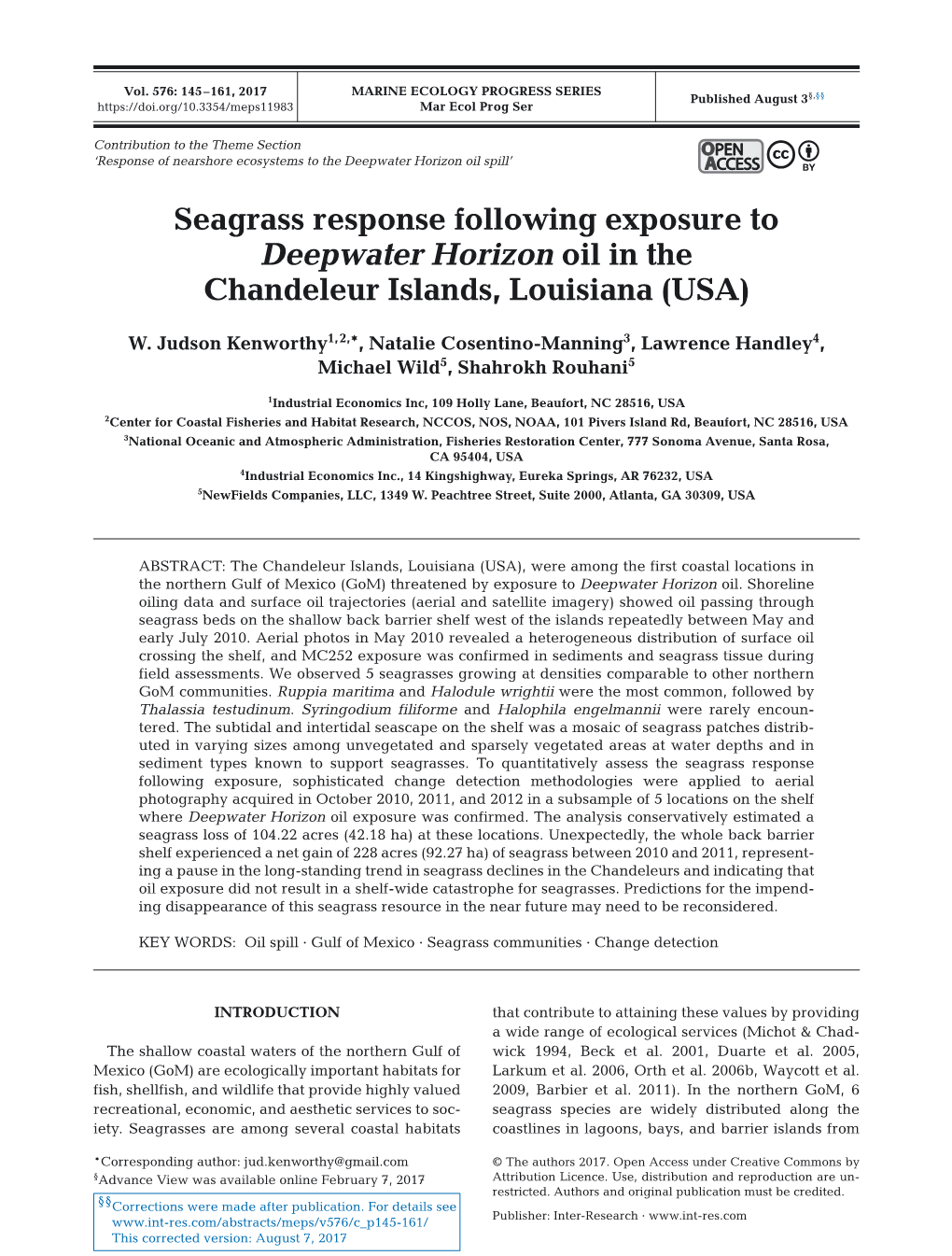 Seagrass Response Following Exposure to Deepwater Horizon Oil in the Chandeleur Islands, Louisiana (USA)