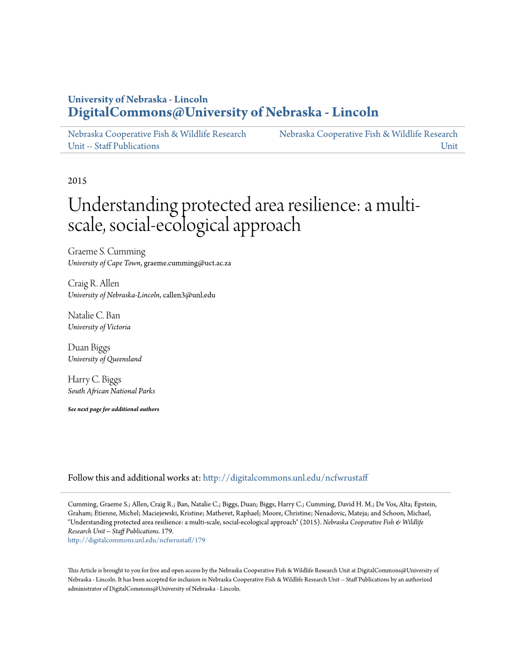 Understanding Protected Area Resilience: a Multi-Scale, Social-Ecological Approach" (2015)